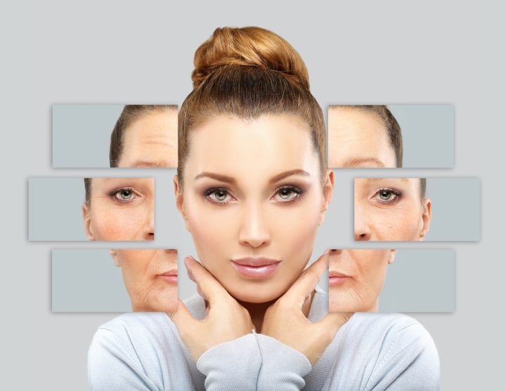 A young woman who is surrounded by pictures of parts of her face as an older woman.