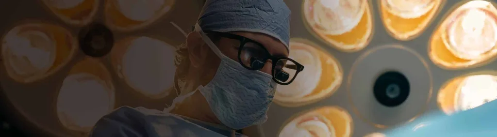 Dr. Jacono Dressed in Scrubs Standing Under Surgical Lights