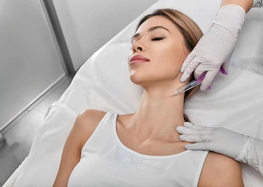 A beautiful woman getting an injection in her neck